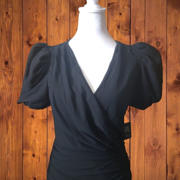 Express Women's Small Black Short Puff Sleeve Faux Wrap Ruched Dress New LBD - Picture 2 of 6